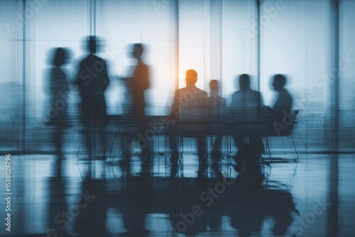 Wallpaper Mural Group of businesspeople negotiating gathered in modern conference room, blurred silhouettes view, meeting behind closed glass doors. Business communication, workflow, decision-making, strategy sharing Torontodigital.ca