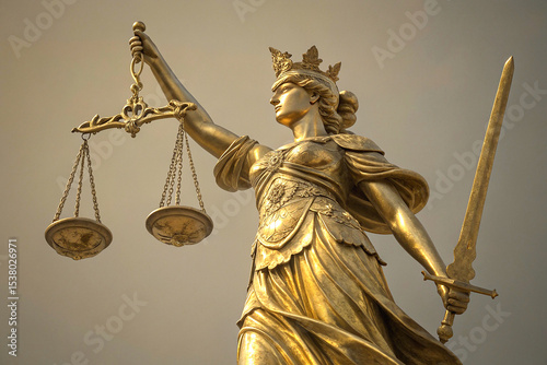 A majestic golden statue of Lady Justice holding the scales of balance, symbolizing fairness, law, and impartiality. 