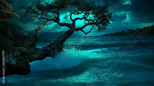 A solitary tree stands against a turbulent ocean under a moody sky.