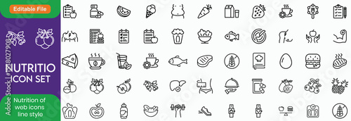 Nutrition set of web icons in line style. Healthy food linear icon collection. Containing food, vegetables, water, palm oil free, сaunt calories, zero trans fat, macrobiotics and more. Editable stroke
