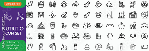 Nutrition set of web icons in line style. Healthy food linear icon collection. Containing food, vegetables, water, palm oil free, сaunt calories, zero trans fat, macrobiotics and more. Editable stroke