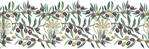 Seamless border with branches, green and purple olive fruits, with Greek ornaments. The watercolor illustration is drawn in watercolor in a botanical style. For packaging design, textiles, culinary