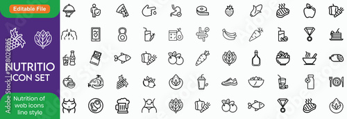 Nutrition set of web icons in line style. Healthy food linear icon collection. Containing food, vegetables, water, palm oil free, сaunt calories, zero trans fat, macrobiotics and more. Editable stroke