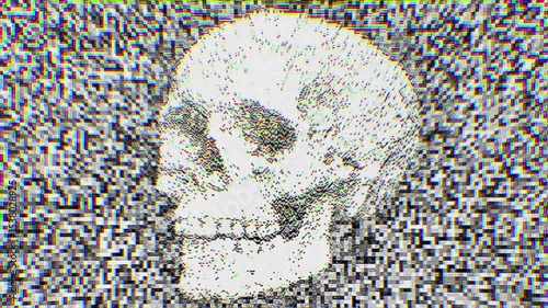 Rotating Stipple Effect Skull on Colorful Static Background Scanlines with Digital Noise and Glitch Effect