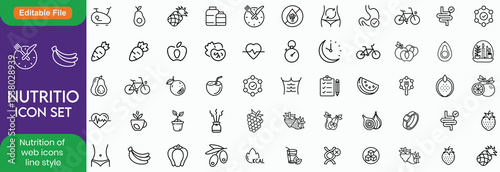 Nutrition set of web icons in line style. Healthy food linear icon collection. Containing food, vegetables, water, palm oil free, сaunt calories, zero trans fat, macrobiotics and more.
