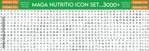 Nutrition icon 1000+ set of web icons in line style. Healthy food linear icon collection. Containing food, vegetables, water, palm oil free, сaunt calories, zero trans fat, robotics and more.