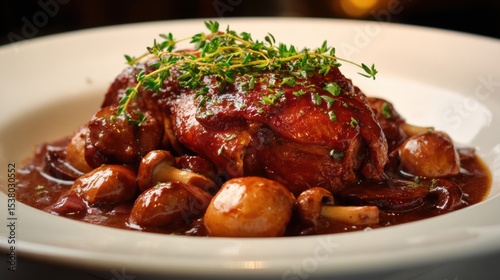 Delicious succulent braised meat with rich sauce and tender mushrooms garnished with fresh herbs served on a white plate for a hearty meal