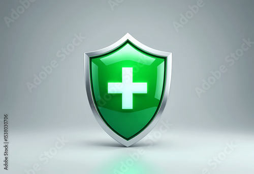 3D green protection shield with medical plus sing, symbol on white background.