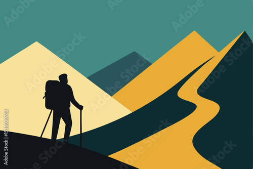 Silhouette of a hiker with a backpack and trekking poles against a backdrop of mountains and a winding path.