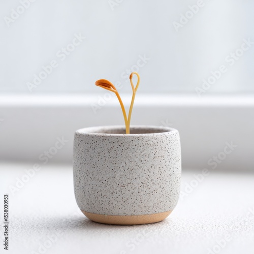 Seedling sprouts in a decorative pot. New life, growth concept, hope, beginning.