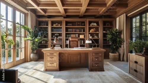 A home office with wood details, ceiling beams, and green plants feels warm and airy, ideal for focus and creativity.