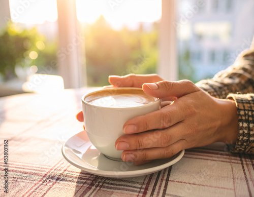 Close up de las manos de una mujer con una taza de café caliente durante el desayuno en una mesa de cafeteria con vistas a la ciudad al amanecer