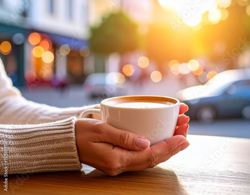 Close up de las manos de una mujer con una taza de café caliente durante el desayuno en una mesa de cafeteria con vistas a la ciudad al amanecer