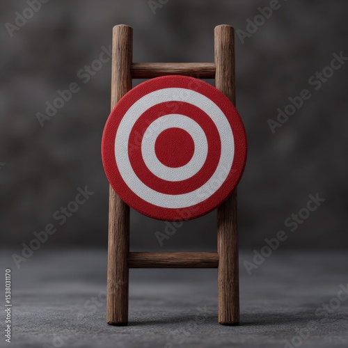 Target sits on a ladder, representing goals or aspirations. Ambition, success, challenge, aim, opportunity and reaching new heights.