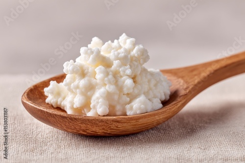 Kefir grains on a wooden spoon for healthy eating. Probiotic superfood, fermentation, digestion, gut health, immune system