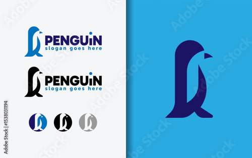 Blue penguin logo illustrated in flat minimalist design style. Vector logo illustration.