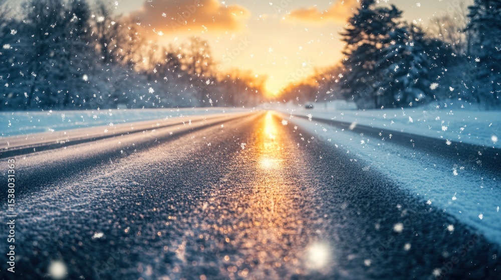 Naklejka premium Snowy road at sunset