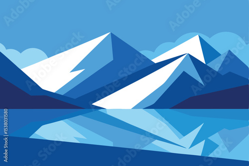 A stylized illustration of snow-capped mountains reflecting on a tranquil blue lake.
