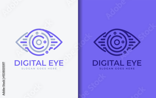 Digital eye logo combining tech elements in futuristic minimal design.