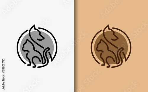 Cat and dog logo design combined in circle with minimalist line art style. Animal vector logo symbol illustration.