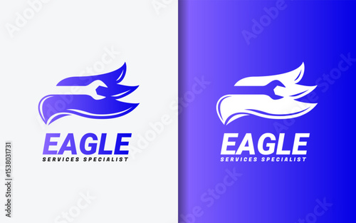 Eagle head merged with wrench in bold modern logo design. Services vector logo illustration.