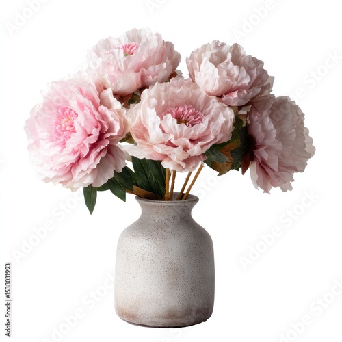 Fototapeta Naklejka Na Ścianę i Meble -  Soft pink peonies in a rustic ceramic vase, beautifully arranged against a white background.