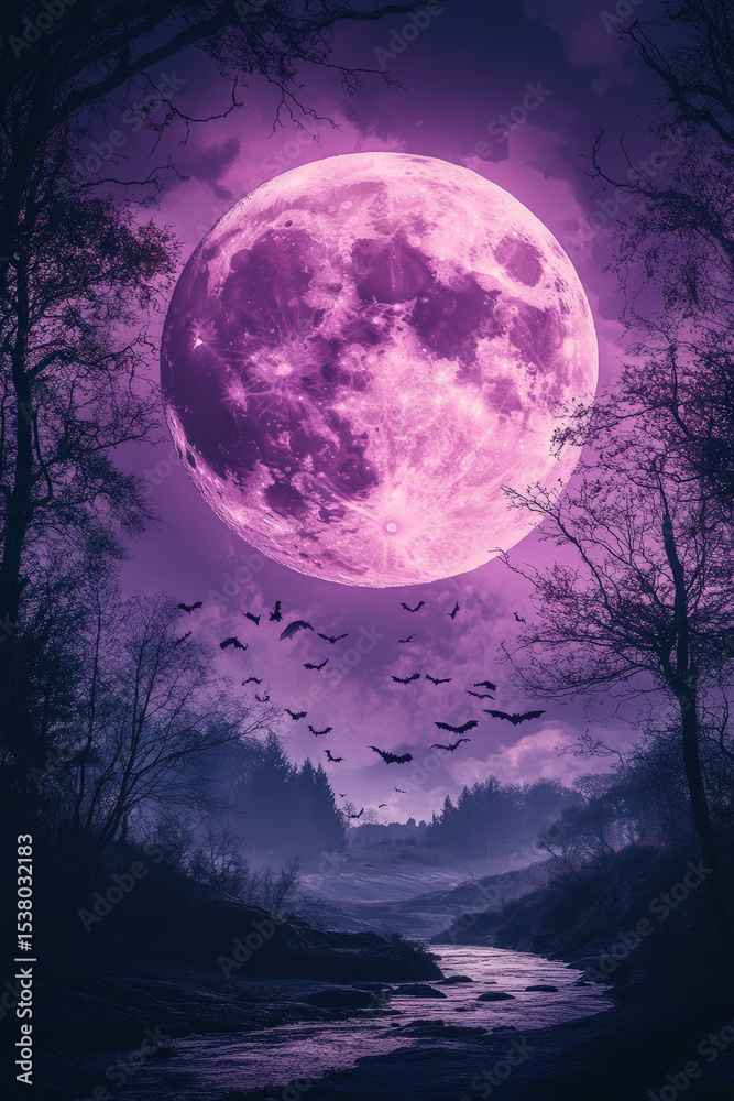 Fototapeta premium Spooky Night: Halloween Moon & Bats. A vibrant Halloween scene featuring a full moon, bats in flight, and a spooky landscape, perfect for T-shirt design.
