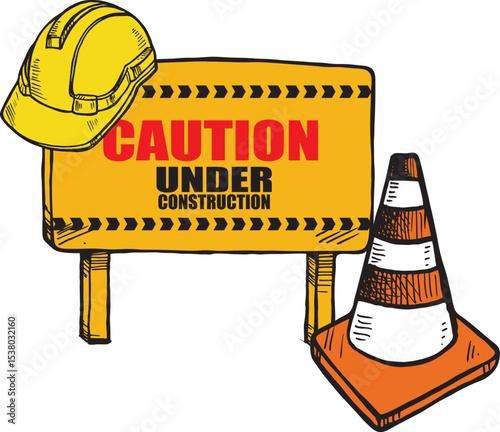 Hand drawn of Under construction with helmet,traffic cones  isolated on white background.