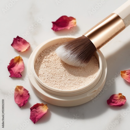Makeup brush applies powder from open cosmetic container. Beauty product, skincare, cosmetics, facial treatment, rose petals, natural, organic.