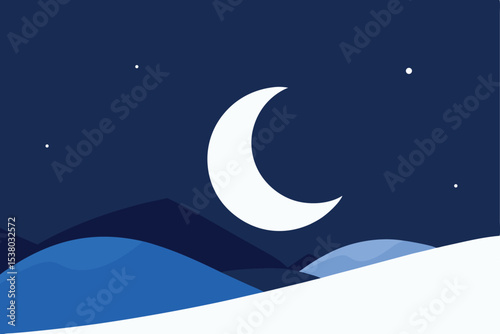 Serene night scene with crescent moon over snow-covered hills.