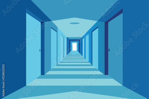 A long, blue hallway with doors on either side, receding to a bright light at the far end.