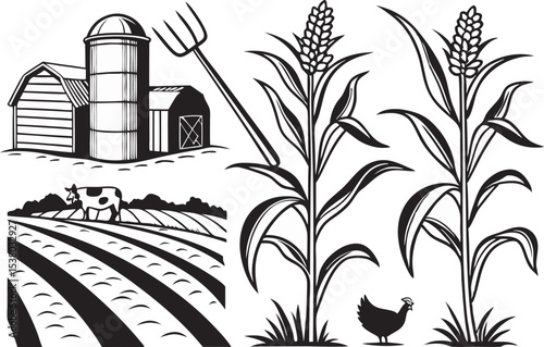 Vintage Farm Illustration with Barn, Corn, and Livestock