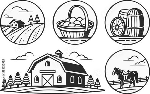 Charming Farm Icons with Barn, Basket, and Horse