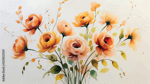 Delicate Watercolor Bouquet of Peachy-Orange Flowers. A beautiful, artistic watercolor painting of a bouquet of peachy-orange flowers.