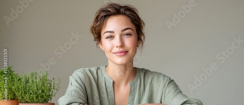 Woman smiles gently in natural light at home. Portrait of beautiful, fresh faced woman, calm lifestyle, wellness concept