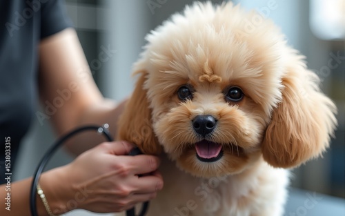Close up of adorable fluffy dog getting its fur cut by professional dog groomer. High quality photo