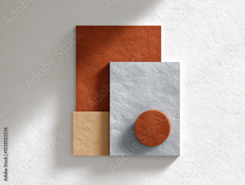 Geometric shapes arranged on white surface with shadows. Abstract composition, modern art, textured, creative design.