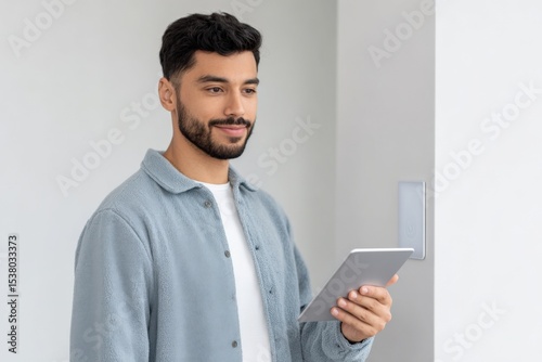Man looks at digital tablet indoors. Modern technology, smart home automation, digital device, wireless communication