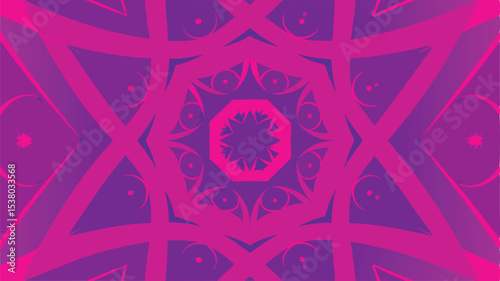 Geometric kaleidoscope pattern in shades of pink and purple with star and eye motifs creating symmetry