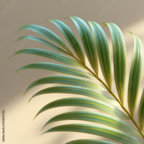 Palm leaf is highlighted with sunlight in bright room. Tropical plant, exotic foliage, natural leaf, botanical illustration, modern organic design