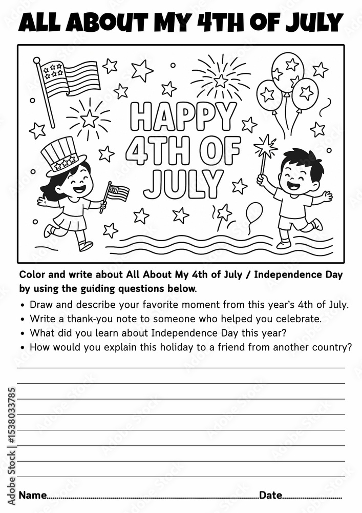 Naklejka premium All About My 4th of July Writing & Coloring Prompt Worksheet for Elementary, Independence Day Activity, Patriotic Writing, American History