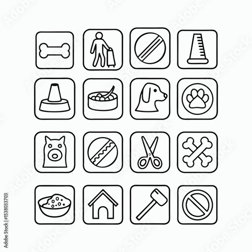 Pet Care Icon Set – Veterinary, Food, Grooming, and Dog Essentials Line Art