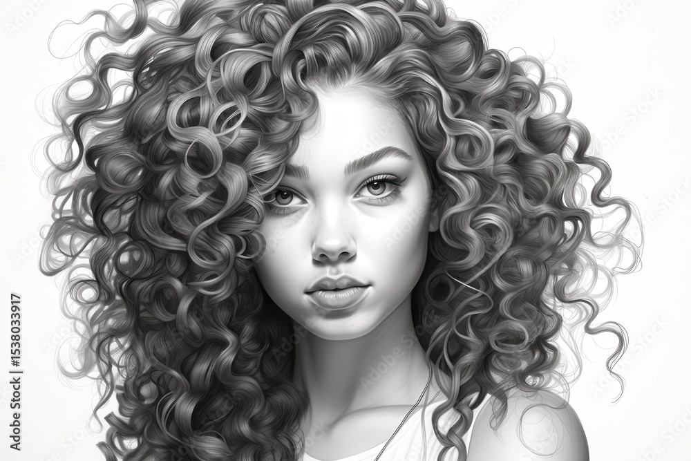 Fototapeta premium Portrait of a young woman with voluminous curly hair in black and white