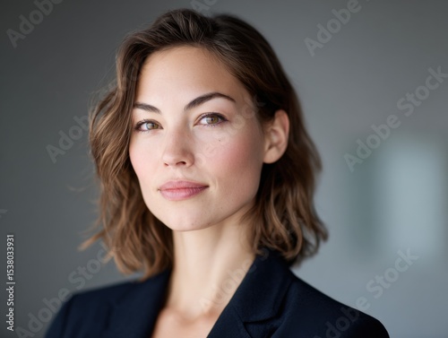 Woman poses for headshot in professional attire. Portrait of confident businesswoman in dark jacket, corporate leadership, female empowerment, success.
