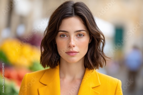 Woman poses in yellow blazer with blurred background. Fashion portrait, businesswoman, elegance, beauty, style