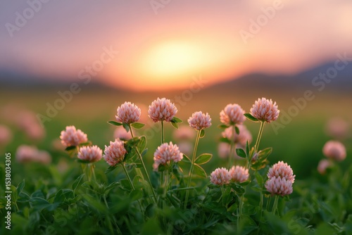 Clover flowers bloom in field at sunset. Serene meadow, wildflowers, sunset glow, floral beauty, nature scene