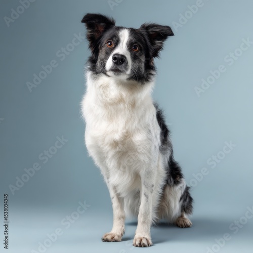 Border Collie dog sitting and looking at camera. Domestic animal portrait, canine companion, pet photography, purebred dog, shepherd breed.