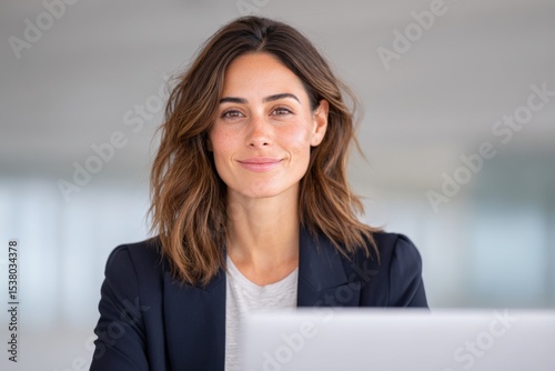 Woman smiles confidently while working at her desk. Business professional, corporate leadership, female executive, successful career