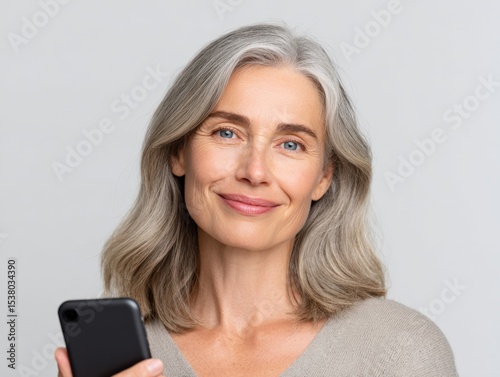 Mature woman holds phone and smiles at camera. Modern mobile technology for older generations, staying connected with loved ones, confident lifestyle.