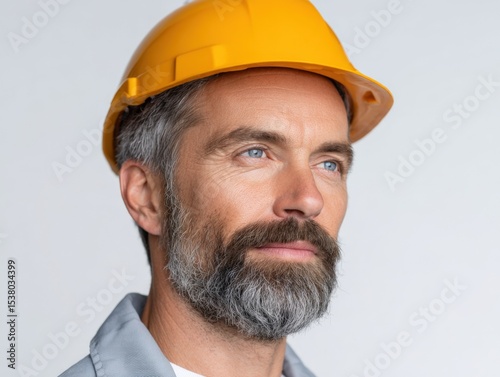 Construction worker wearing a hard hat looks ahead. Safety gear, labor profession, building industry, industrial worker.